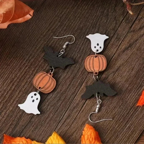 1 LEFT! Halloween Bat, Pumpkin, & Ghost Wood Dangle Earrings - Picture 2 of 6